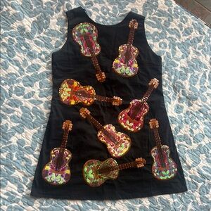QUEEN OF SPARKLES Black Dress with Vibrant Guitar Designs NWOT